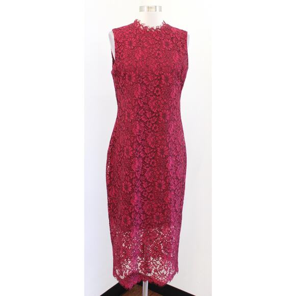 Shoshanna Wine Red Black Floral Lace Mock Neck Midi Sheath Dress Cocktail Size 8 - Picture 1 of 7